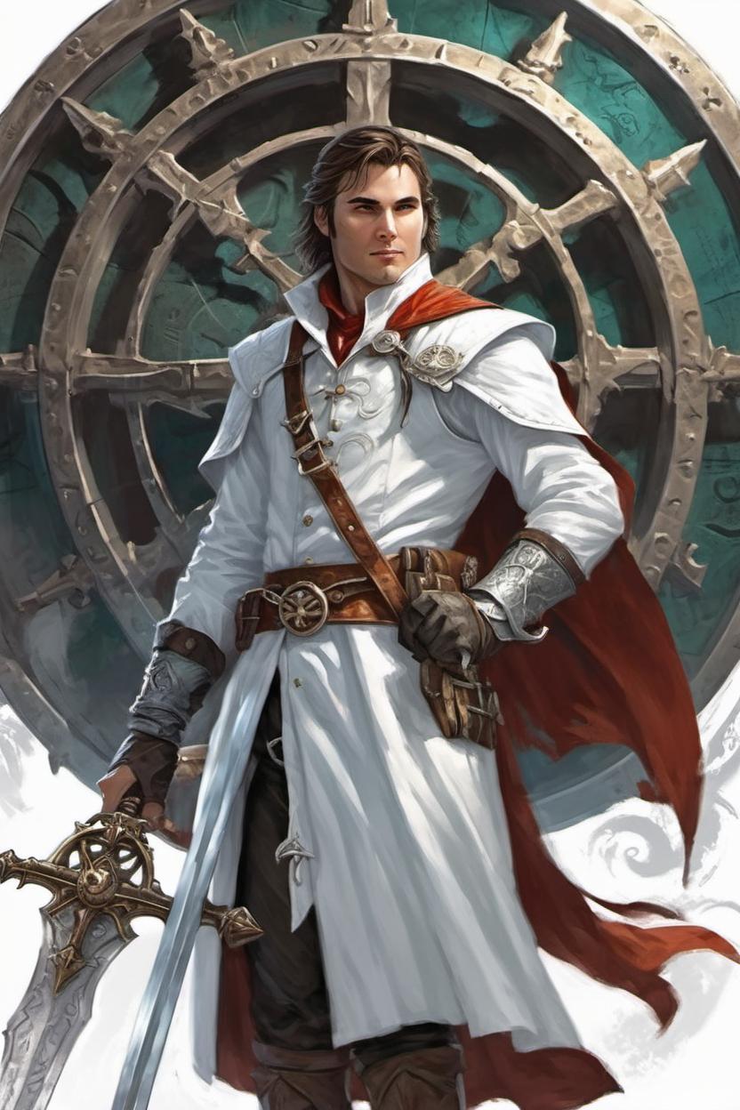 Artificial Intelligence (AI) generated image art, ..., wheel of time, white clock captain, sword, concept art, fantasy background, d&d art