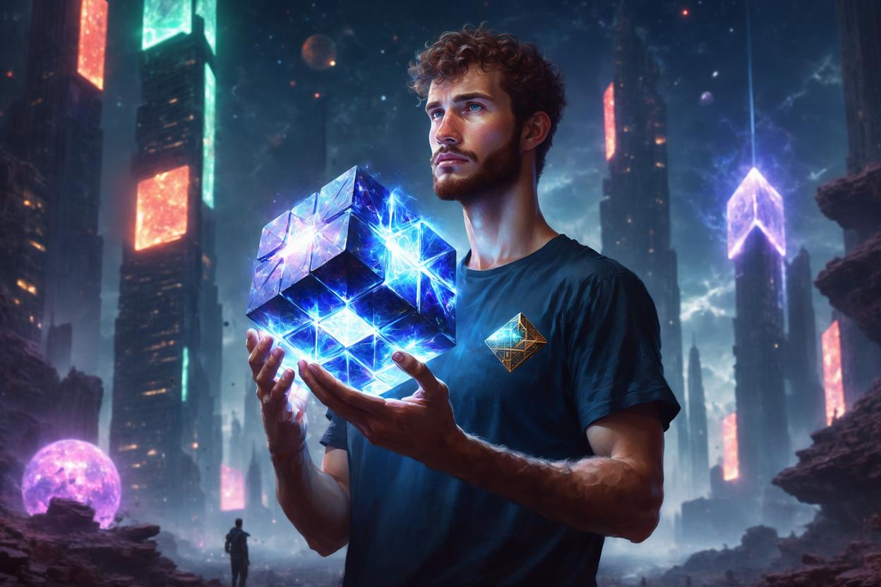 Artificial Intelligence (AI) generated image art, ..., art by greg rutkowski, over the shoulder, holding a huge extremely beautiful magic scifi cube in one hand, looking at it with amazement, 8k, fantasy scifi art, beautiful lighting, on scifi planet with magic skyscrapers