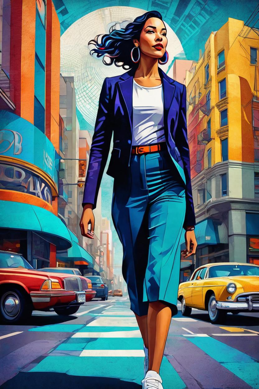 Artificial Intelligence (AI) generated image art, (...) portrait, editorial illustration beautiful woman walking in the street, modern art deco, colorful, christopher balaskas, victor ngai, rich grainy texture, detailed, dynamic composition, wide angle, moebius, matte print\\\\\\\\\\\\\\\\\\\\\\\\\\\\\\\"