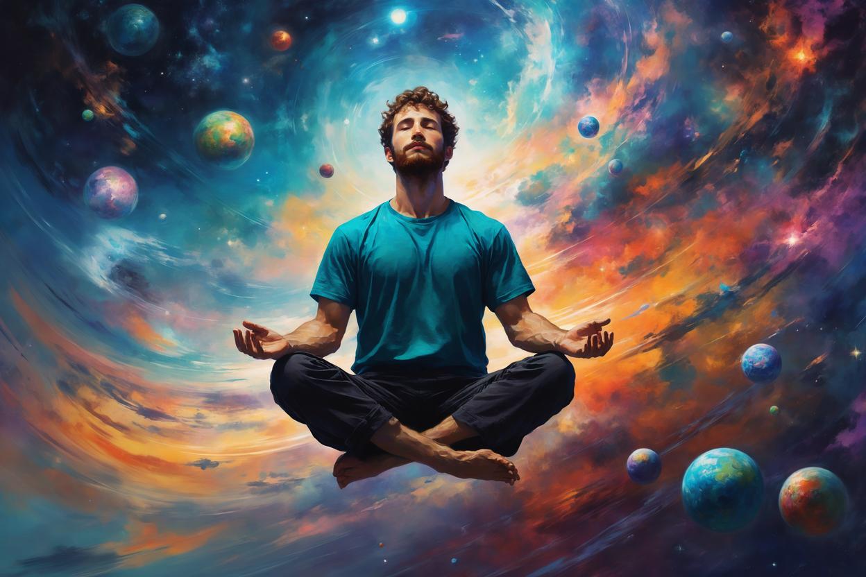 Artificial Intelligence (AI) generated image art, ..., art by greg rutkowski, floating through space, meditation pose, beautiful colors, award winning art, ethereal