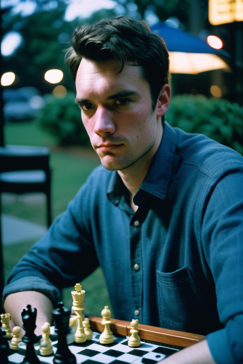 Artificial Intelligence (AI) generated image art, portrait photo of ... playing chess, good posture, cinematic, blue hour, Kodak Portra 800 film SMC Takumar 35mm f/ 2. 8 c 50, detailed face