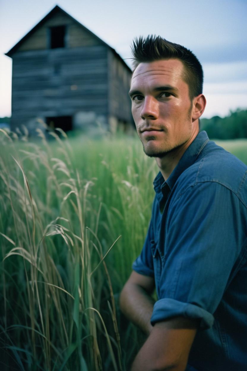 Artificial Intelligence (AI) generated image art, (portrait of ...) in a tall grass, old mill in the background, cinematic, (blue hour), Kodak Portra 800 film SMC Takumar 35mm f/ 2. 8 c 50, detailed face