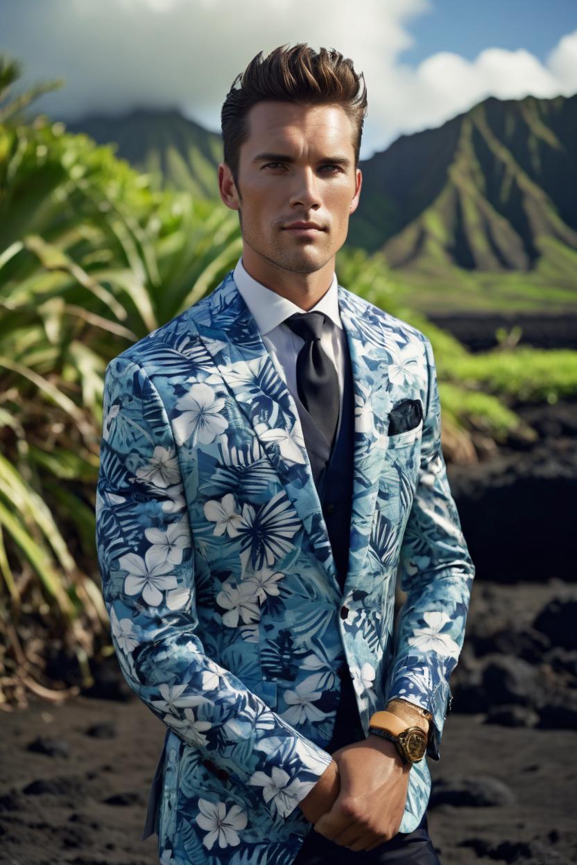 Artificial Intelligence (AI) generated image art, ..., portrait, in hawaii, Shot on Hasselblad H6D-400c lens, copy Sisley Spring  Summer 2014 campaign session with more of a vogue or fancy gentleman style clothes, ultra high definition, ultra-realism, ultra realistic, young, handsome, gentleman