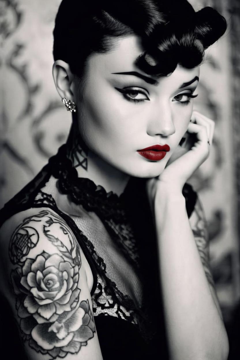 Artificial Intelligence (AI) generated image art, ..., , Vintage Vogue, Black and White Photography, Retro Glamour, Classic Fashion, High Contrast, Sophisticated Poses, Vintage Props, Soft Lighting, Film Grain, Timeless Elegance, Tattoos, Edgy, Modern, feminine, red lipstick