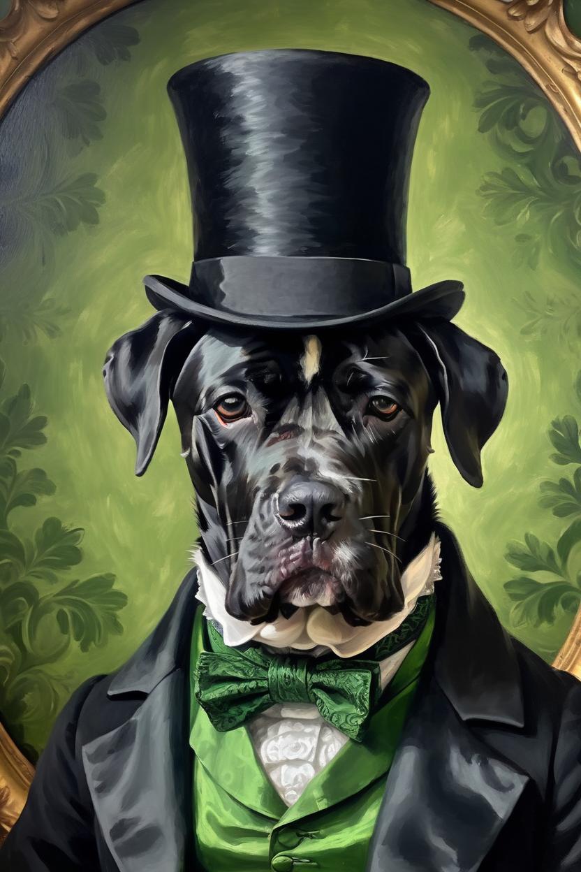 Artificial Intelligence (AI) generated image art, ..., as a victorian lord, oil painting portret, wearing a costume from the 1800s, green cravat, dark black wallpaper in the background, (identical and realistic head), (realistic), black hat