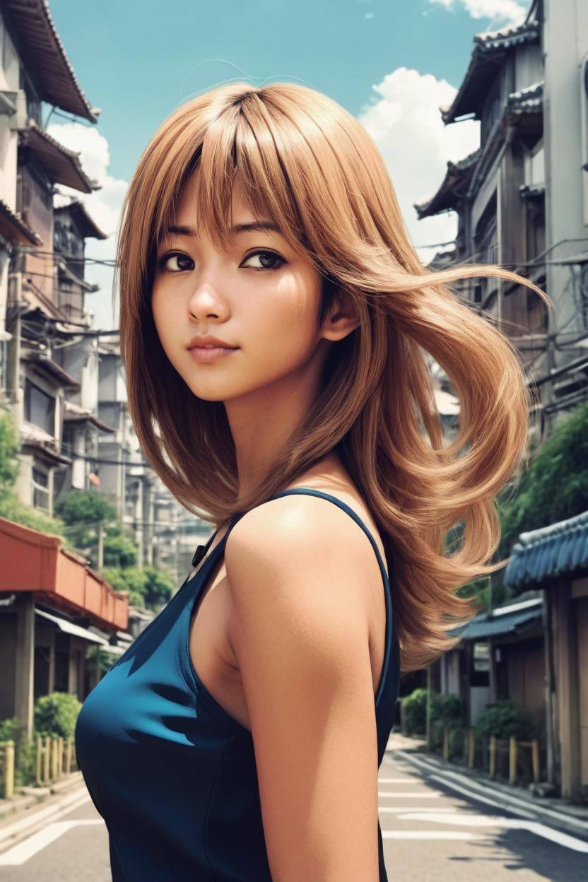 Artificial Intelligence (AI) generated image art, (*...*), Beautiful well-formed female, tan skin, (Kentaro Miura manga book style), illustration, manga artstyle, portrait and torso, fantasy, landscape, city background, long hair, hair with bangs, dark brown eyes