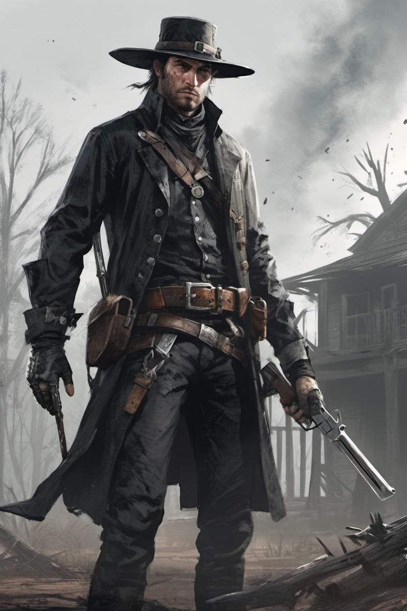 Artificial Intelligence (AI) generated image art, ..., witch hunter, hunt showdown, pre-civil war era, buckle hat, saber and pistol, concept art