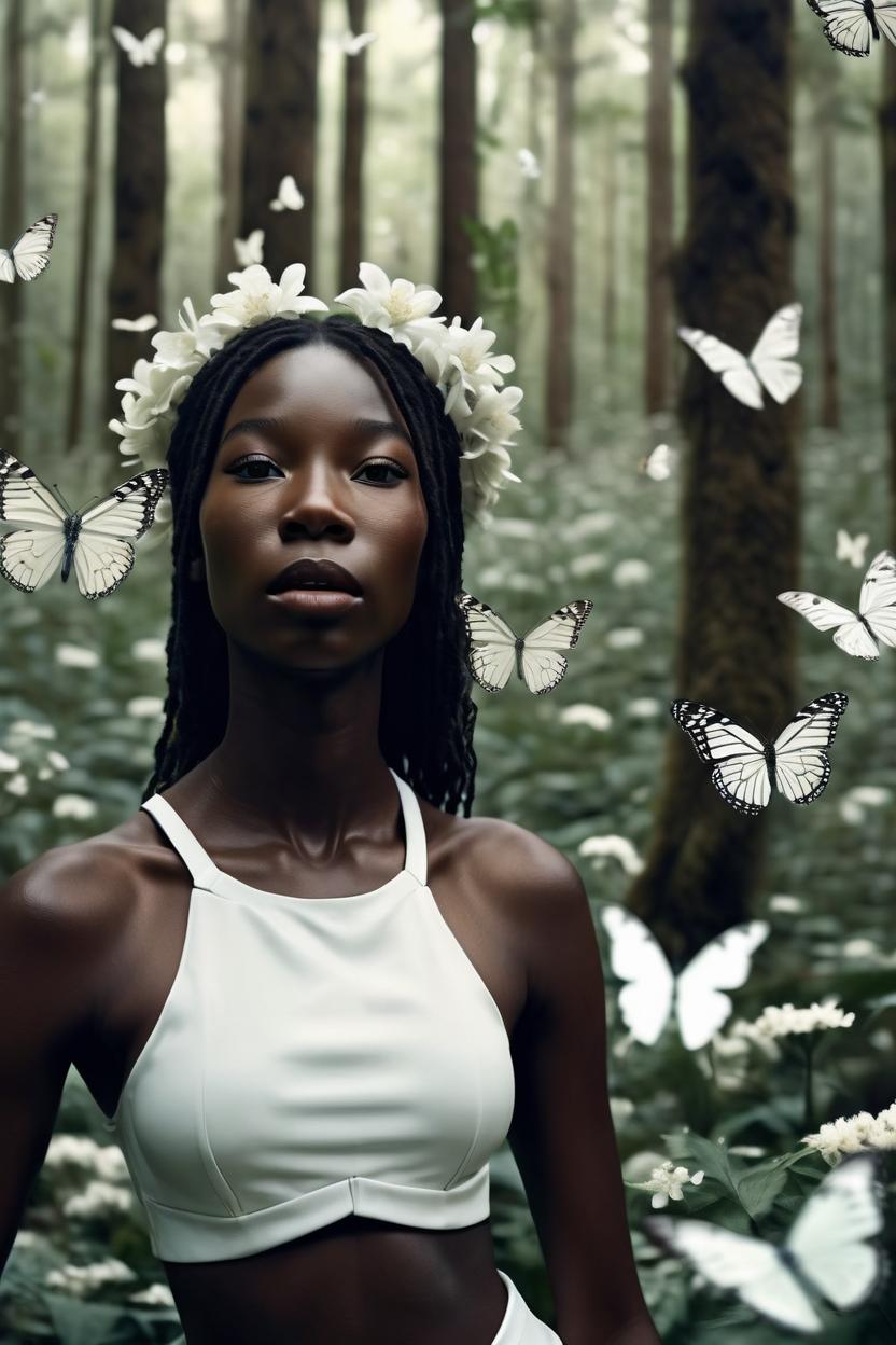 Artificial Intelligence (AI) generated image art, ..., portrait of a stunningly beautiful female.  in soft light, depth of field, in a forest. with beautiful  white flowers. white butterflies flying around.  zeiss lens, detailed, symmetrical, centered, fashion photoshoot, by annie leibovitz and steve mccurry, david lazar, jimmy nelsson, breathtaking, 8 k resolution, extremely detailed, beautiful, establishing shot, artistic, hyperrealistic, beautiful face, octane render