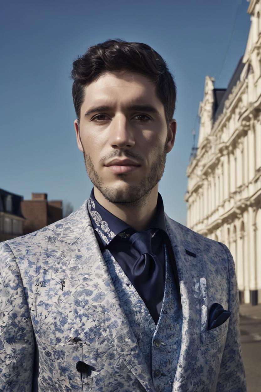 Artificial Intelligence (AI) generated image art, ..., portrait, Shot on Hasselblad H6D-400c lens, copy Sisley Spring Summer 2014 campaign session with more of a vogue or fancy gentleman style clothes, ultra high definition, ultra-realism, (futuristic) ultra realistic, young, handsome, gentleman