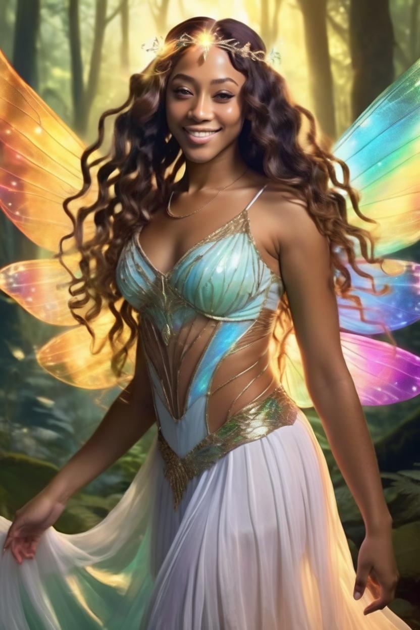 Artificial Intelligence (AI) generated image art, ..., illustration, as a fairy queen, with beautiful colorful gossamer wings, tan smooth skin, long wavy and lusterous hair flowing out around her, backlit to cause a halo around her, smaller fairys and sprites dance behind her a mysterious forest in the background