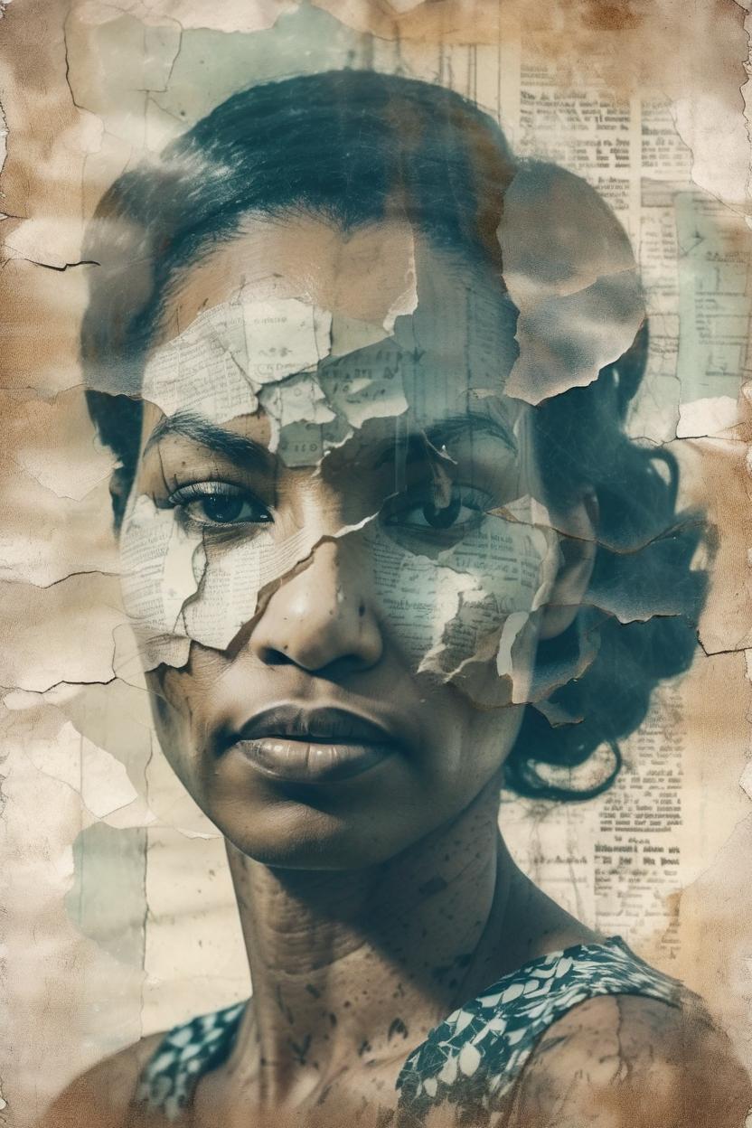 Artificial Intelligence (AI) generated image art, ..., medium-full, photo, A beautiful woman, double exposure, surreal artwork, printed on cracked paper, artful, aesthetic, muted color scheme, unusual, vintage feel