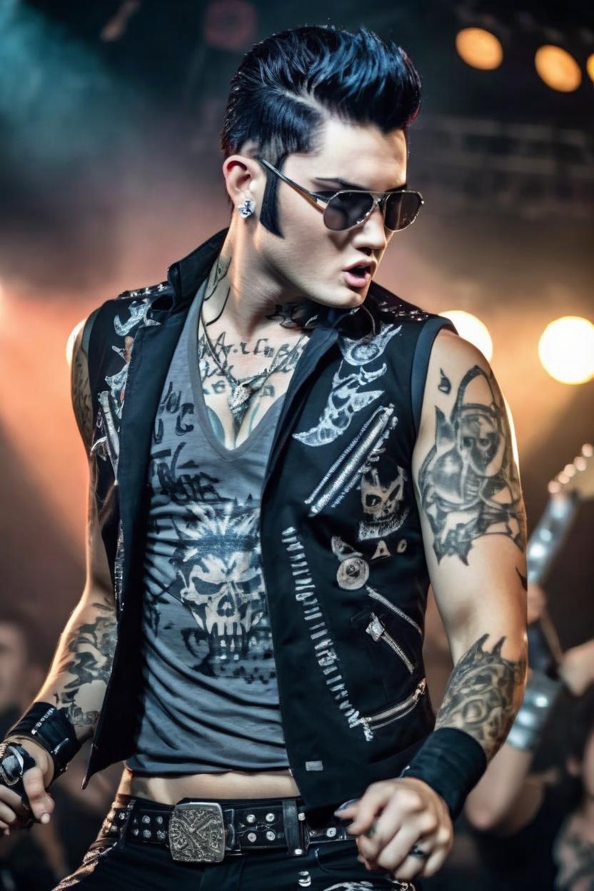 Artificial Intelligence (AI) generated image art, ... photoshoot for rock album cover, Elvis theme but modern and edgy and high fashion, tattoos, on stage performing, rockstar, crowd cheering