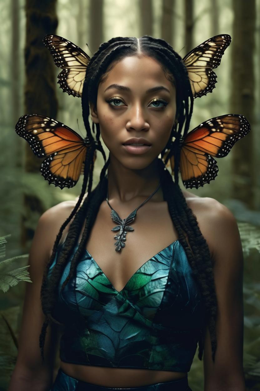 Artificial Intelligence (AI) generated image art, ..., portrait of a stunningly beautiful female.  in soft light, depth of field, in a forest butterfly forest.  zeiss lens, detailed, symmetrical, centered, fashion photoshoot, by annie leibovitz and steve mccurry, david lazar, jimmy nelsson, breathtaking, 8 k resolution, extremely detailed, beautiful, establishing shot, artistic, hyperrealistic, beautiful face, octane render