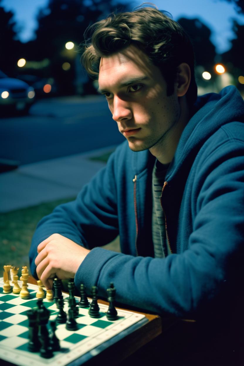 Artificial Intelligence (AI) generated image art, portrait photo of ... playing chess, good posture, cinematic, blue hour, Kodak Portra 800 film SMC Takumar 35mm f/ 2. 8 c 50, detailed face