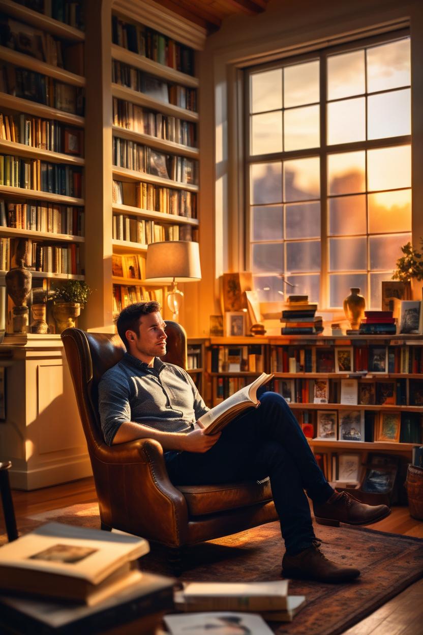 Artificial Intelligence (AI) generated image art, Craft a photo-realistic image of ... in a cozy, artistic indoor setting, surrounded by books and paintings. The room is bathed in the golden glow of sunset light coming through a large window, creating a bokeh effect with the interior details. ... is seated in an armchair, looking up from a book, encapsulating a moment of creative introspection, ultra detailed profile portrait