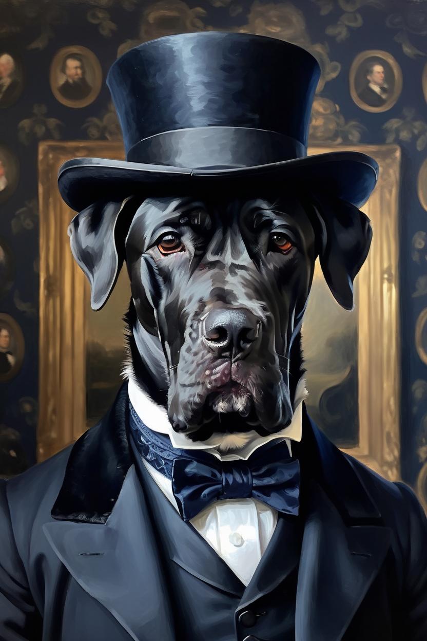 Artificial Intelligence (AI) generated image art, ..., as a victorian lord, oil painting portret, wearing a costume from the 1800s, navy cravat, dark black wallpaper in the background, (identical and realistic head), (realistic), black hat, noble