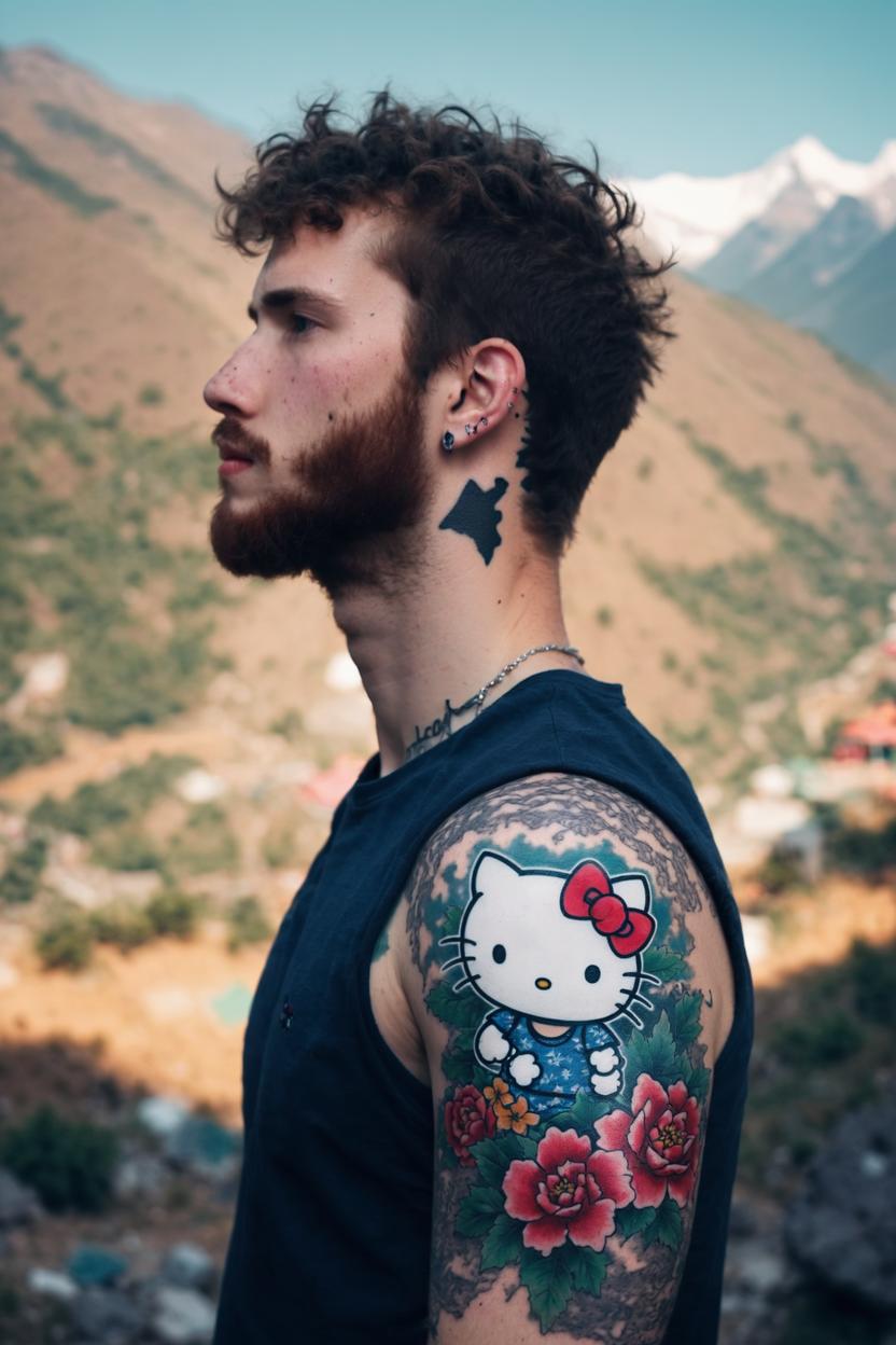 Artificial Intelligence (AI) generated image art, ..., side portrait with tattoo on shoulder, (hello kitty tattoo on his shoulder), mountains background, beautiful photograph