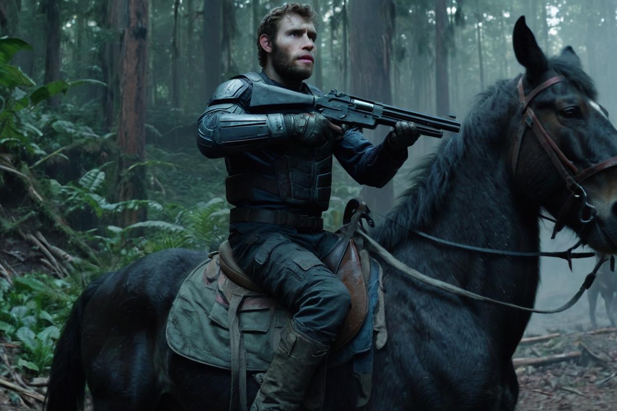 Artificial Intelligence (AI) generated image art, ..., as Malcolm from Dawn of the Planet of the Apes, 2014, with a gun, riding a horse