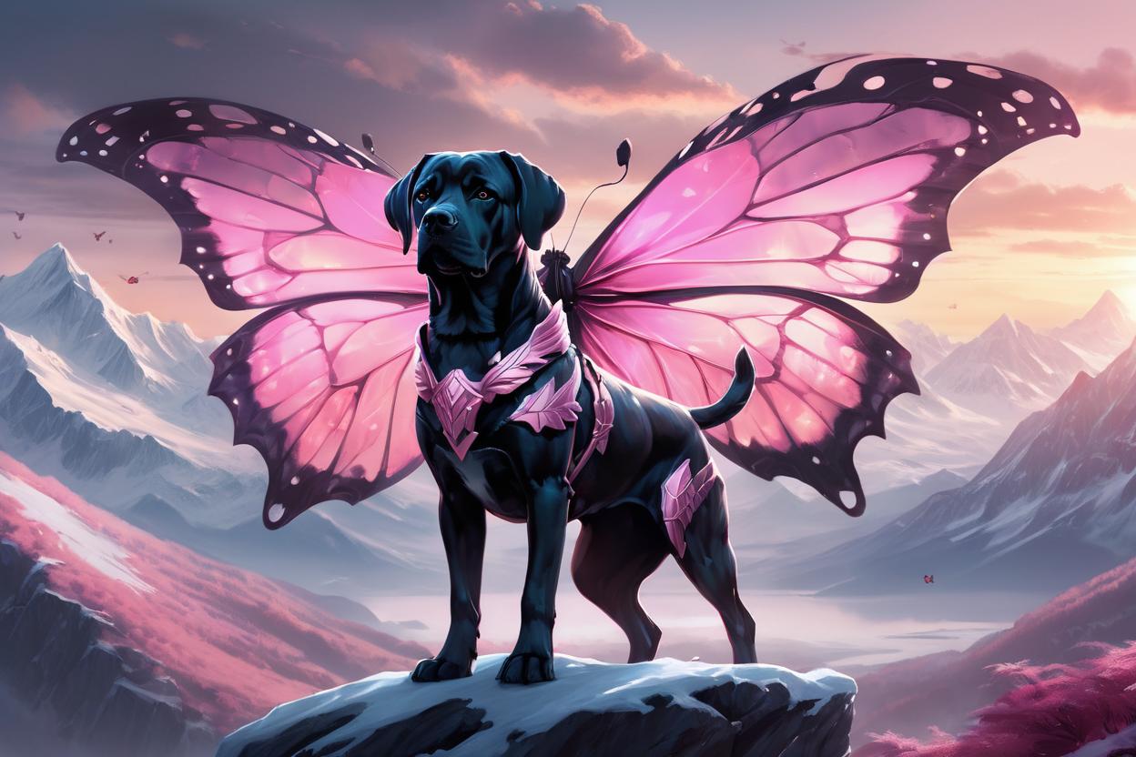 Artificial Intelligence (AI) generated image art, ..., (pink butterfly wings armour) , (pink and grey sunset), icy mountains in background,  by charlie bowater and zeen chin and terada katsuya, epic scene, epic light, fractals background, intricate detailed, fine details, artstation, masterpiece