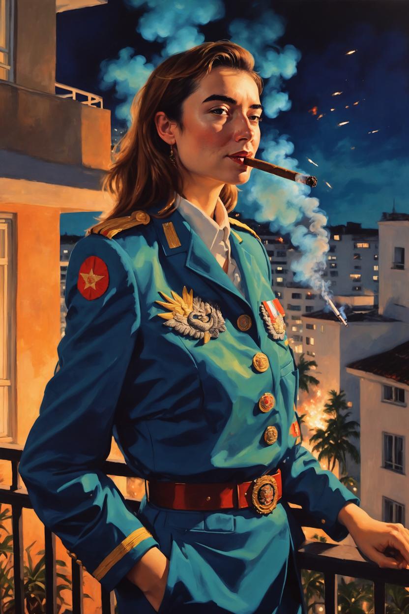 Artificial Intelligence (AI) generated image art, ..., as tropical dictator, art by greg rutkowski, in uniform smoking a cigar, relaxed leaning back, on a balcony, explosions in city