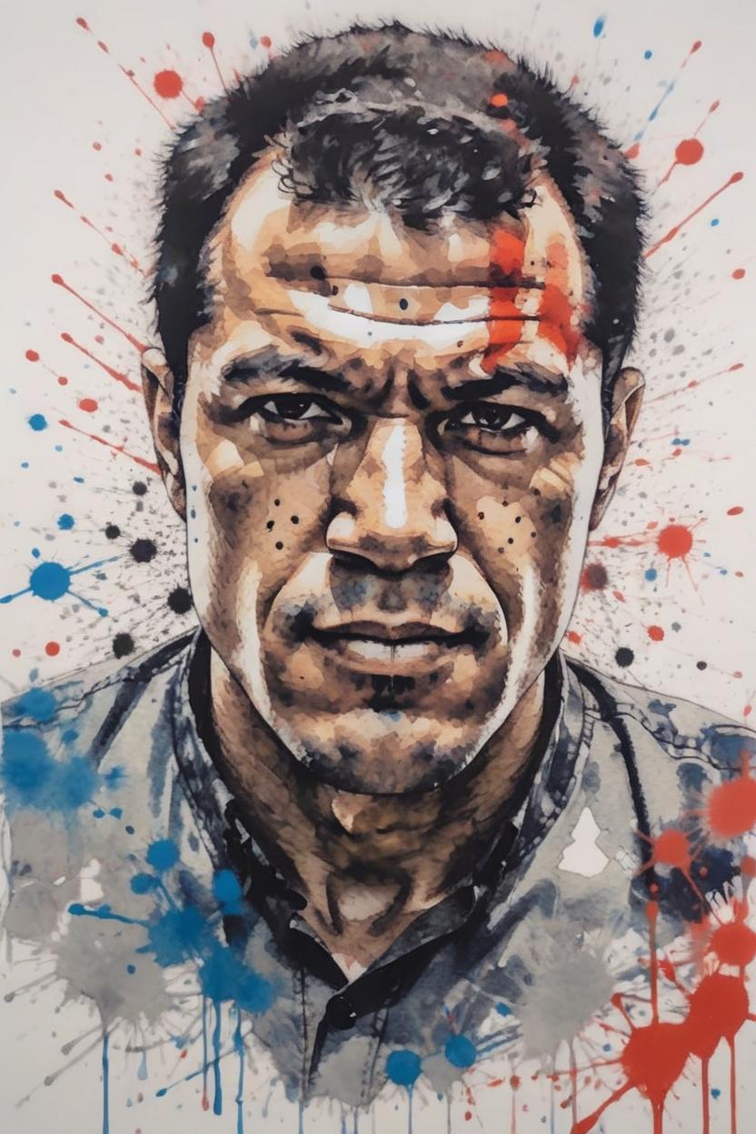 Artificial Intelligence (AI) generated image art, handsome portrait and torso of beautiful boxer ..., give space above the head, (coloured ink drawing), paint splashes, splatter, outrun, ((art by yoji shinkawa))