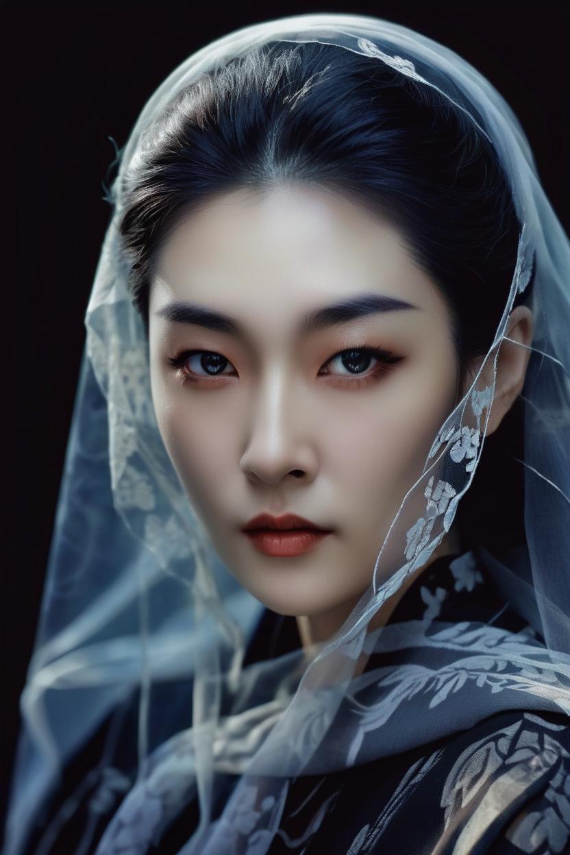 Artificial Intelligence (AI) generated image art, ..., portrait of a stunningly beautiful ghostly haunting female with a veil in soft light, depth of field, zeiss lens, detailed, symmetrical, centered, fashion photoshoot, by annie leibovitz and steve mccurry, david lazar, jimmy nelsson, breathtaking, 8 k resolution, extremely detailed, beautiful, establishing shot, artistic, hyperrealistic, beautiful face, octane renderhandsome portrait of beautiful female ..., (leave space above head), (coloured ink drawing), ((art by yoji shinkawa))