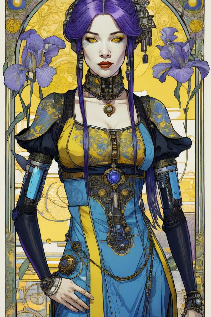 Artificial Intelligence (AI) generated image art, (*...*), portrait, artwork by Ivan Bilibin, Art Nouveau, tarot, cyberpunk, blue and yellow android, cyborg, robotic, with purple hair, white eyes, black irises, full body