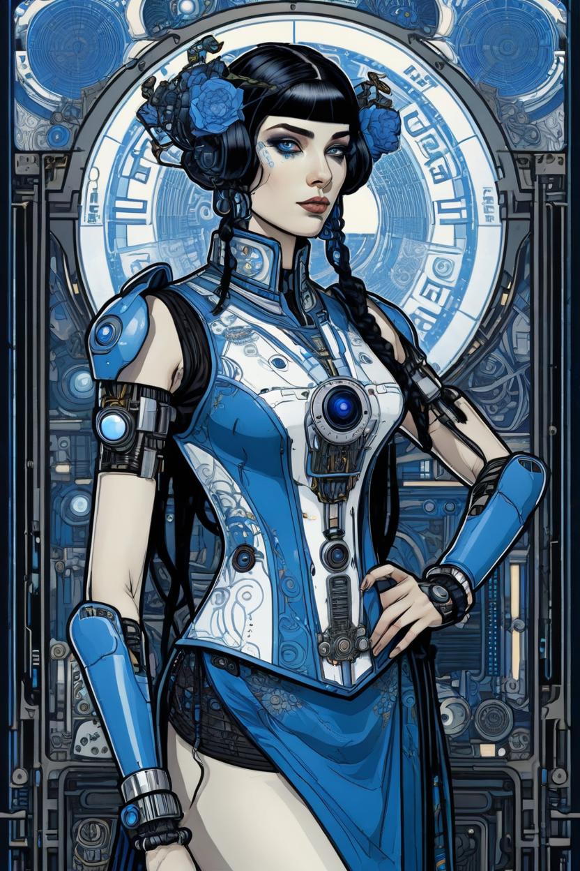 Artificial Intelligence (AI) generated image art, (*...*), portrait, artwork by Ivan Bilibin, Art Nouveau, tarot, cyberpunk, blue and white android, cyborg, robotic, with black hair, dark eyes, black irises, full body