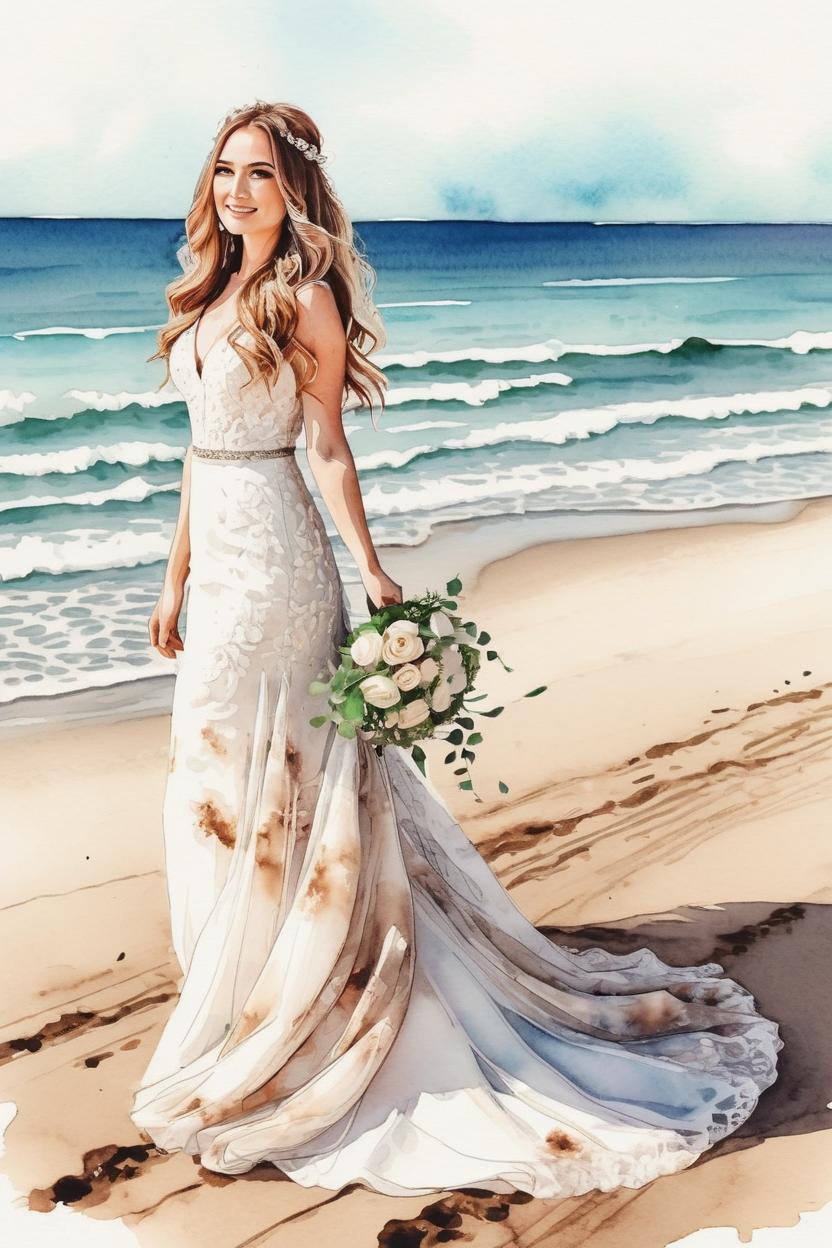 Artificial Intelligence (AI) generated image art, ... as beautiful brown, dirty blonde bride, long hair, beachfront wedding, outdoor, ultra detailed illustration, watercolor, light flowy wedding dress, on the beach, motion photography