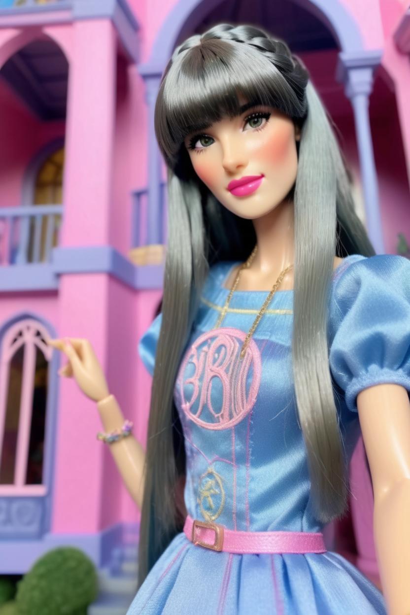 Artificial Intelligence (AI) generated image art, ... as a Barbie super realistic, ultra-high definition, 8k photography, in front of a barbie mansion.