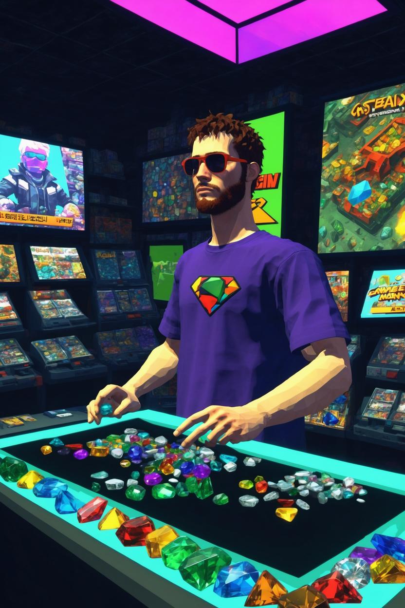 Artificial Intelligence (AI) generated image art, ..., early 2000 low game graphics, 2000s playstation graphics artstyle, ps2 game, low polygon 3d game, buying gemstones in illegal underground market, cyberpunk