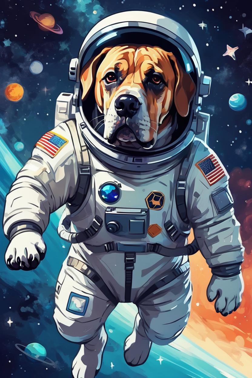 Artificial Intelligence (AI) generated image art, (...) in astronaut suit, in cartoon style, flying in space, cosmos, stars,