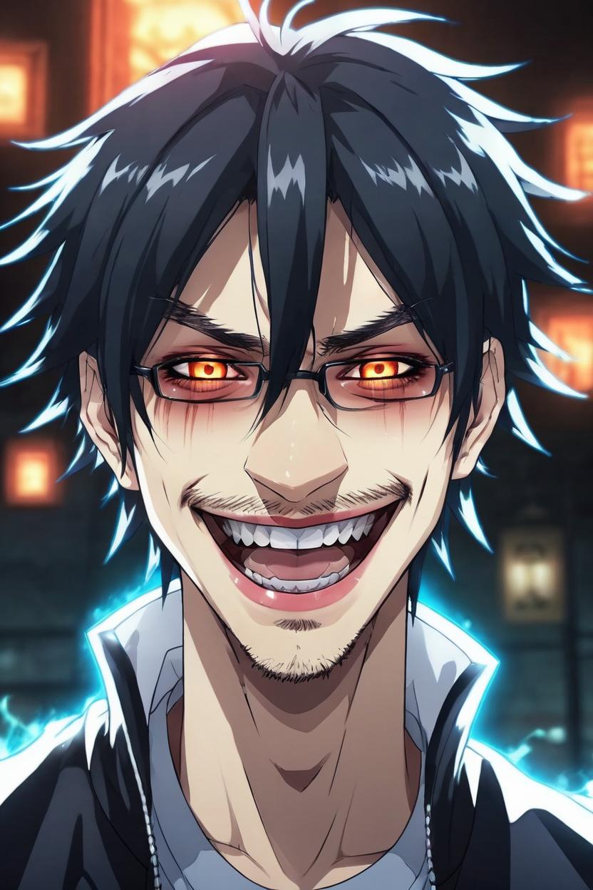 Artificial Intelligence (AI) generated image art, ..., as anime vamire guy laughing hysterically, anime guy from Moka Akashiya Rosario Vampire Kakegurui, long canines, extreme drama, glowing eyes, dark anime style, illustration