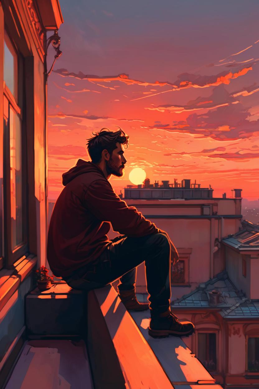 Artificial Intelligence (AI) generated image art, ..., sitting on a balcony looking out at the sunset, alphonse mucha and alena aenami, sitting on a rooftop, stunning cinematic lighting, watching the sun set. watching sunset, sits on a rooftop, red hues,