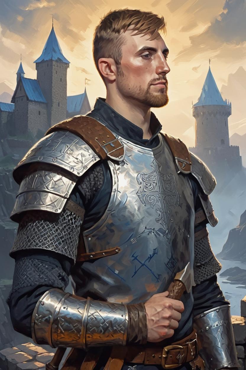 Artificial Intelligence (AI) generated image art, ..., art by Greg Rutkowski, fantasy knight, dnd, in steel armor with viking runes, bearded axe, castle in background, art by Greg Rutkowski, masterpiece painting