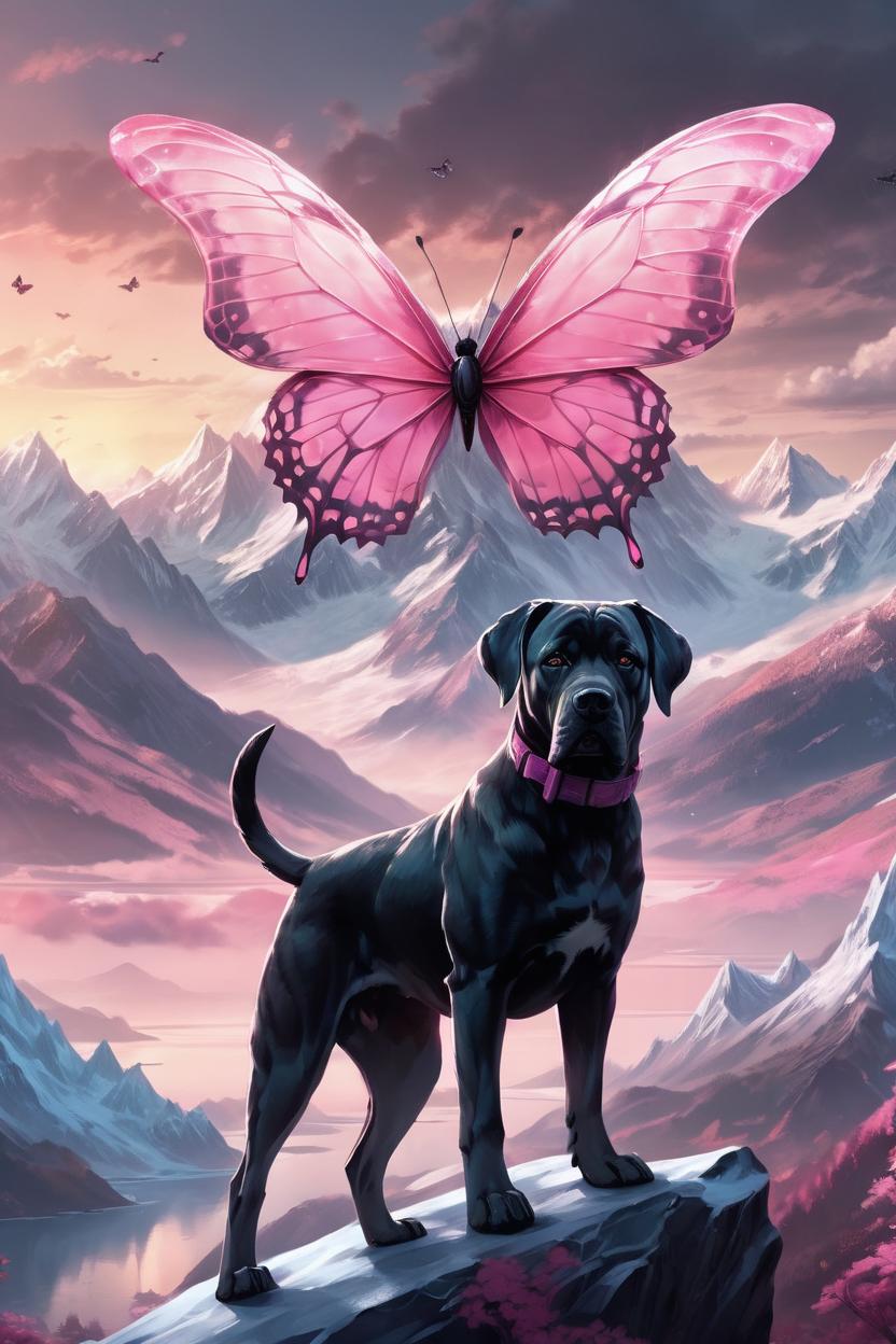 Artificial Intelligence (AI) generated image art, ..., (pink butterfly wings), (pink and grey sunset), icy mountains in background, by charlie bowater and zeen chin and terada katsuya, epic scene, epic light, fractals background, intricate detailed, fine details, artstation, masterpiece