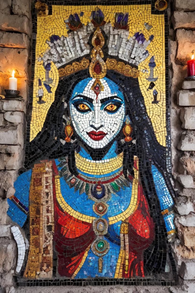 Artificial Intelligence (AI) generated image art, ..., mosaic, as indian goddess kali on the wall of an ancient ruined palace yet small gifts and candles show she is still worhipped.