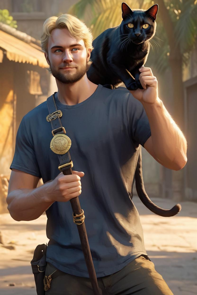 Artificial Intelligence (AI) generated image art, ..., blonde haired male holding a black Bombay cat, male warrior, well-formed body, posing, fullbody representation, (keep free above head), highly detailed, ultra detailed, golden hour, backlight, trending on artstation, cgstudio, art by greg rutkowski