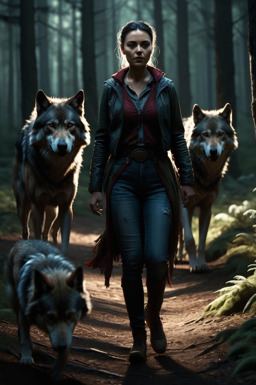 Artificial Intelligence (AI) generated image art, ..., walking with wolves, forest , photo, realistic, dark lighting, highly detailed, artstation, concept art, smooth, sharp focus