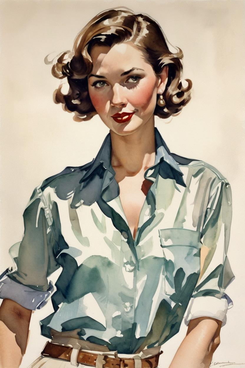 Artificial Intelligence (AI) generated image art, Watercolor painting of ... by J.C. Leyendecker, upper body, wearing an unbottoned shirt, fashionable, brunette, 1950s