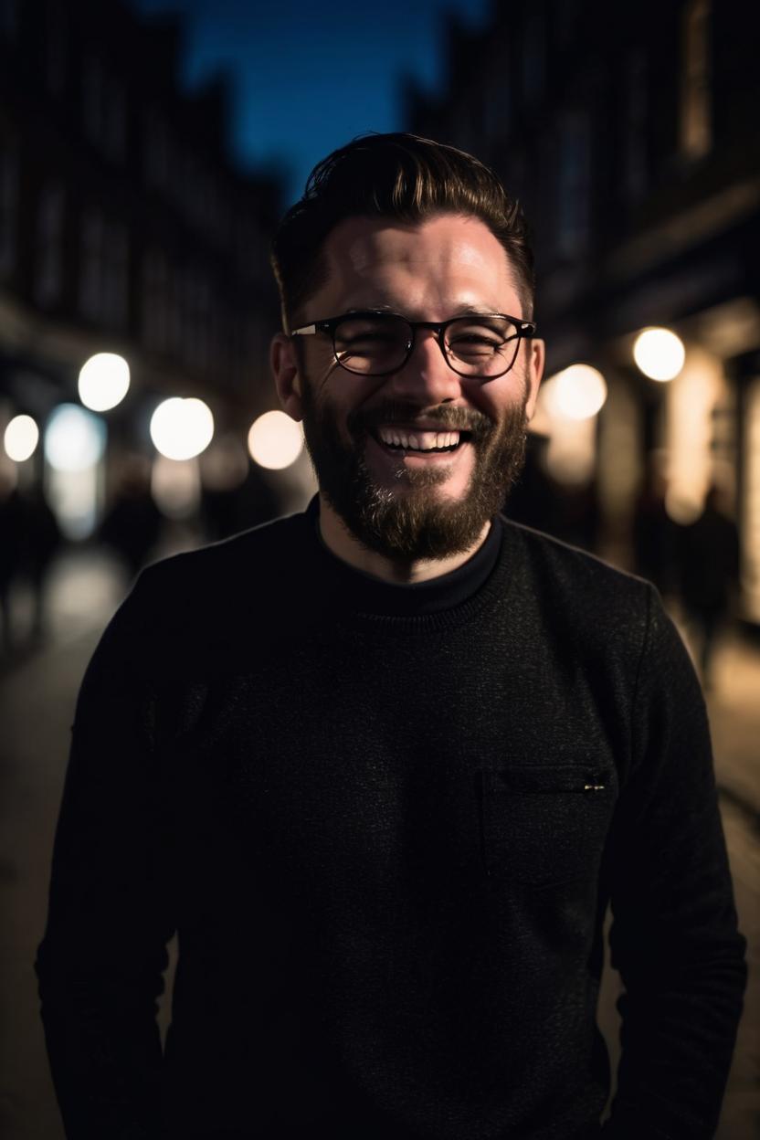 Artificial Intelligence (AI) generated image art, ((Photo of ... laughing, wearing ray-ban glasses black jumper and dark jeans, night time outside in Lincoln UK, establishing shot, at age 30, short 2mm dark beard, broad lighting, laughing expression, darkly lit, cinematic, in shadow)), highly detailed eyes, accurate eye colour, accurate face shape, reduce age lines