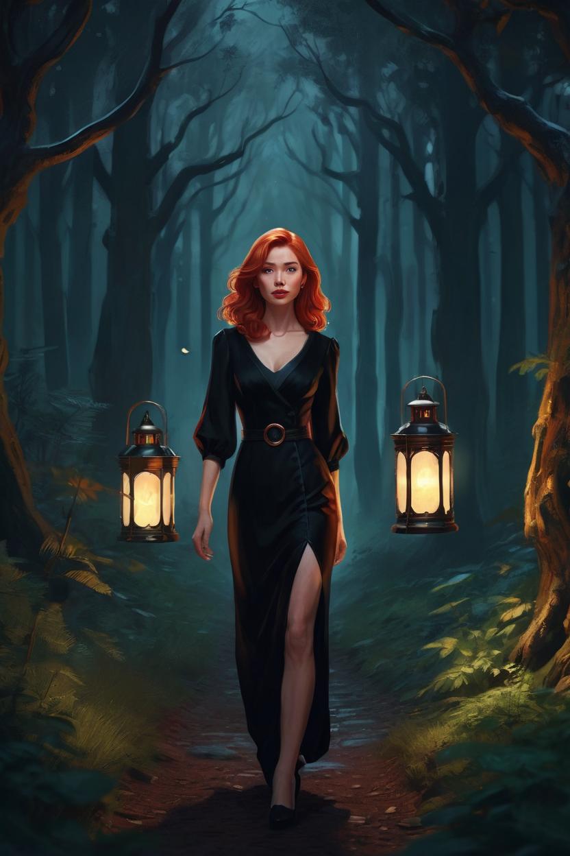Artificial Intelligence (AI) generated image art, ..., ((portrait)), beautiful red hair, dressed in a black gown, highly detailed illustration, walking through a dark forest holding a lantern at midnight, deep focus, d & d, fantasy, intricate, elegant, highly detailed, digital painting, artstation, concept art, sunset, matte, sharp focus, pouty lips, ultrarealistic, shot in the style of Wes Anderson, Mysterious and seductive atmosphere