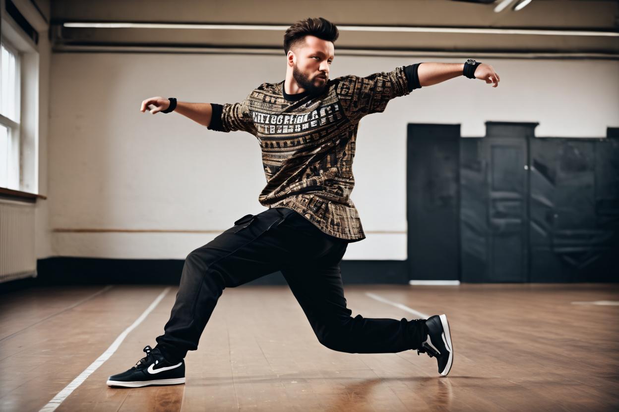 Artificial Intelligence (AI) generated image art, ((Publicity event photograph, full body, ... with highly accurate face, action shot, captured dancing in a floor work breakdancing move, wearing hip-hop clothing, age 40, short 2mm dark brown beard)), photorealistic, highly detailed, accurate face shape, accurate eye colour, highly detailed eyes
