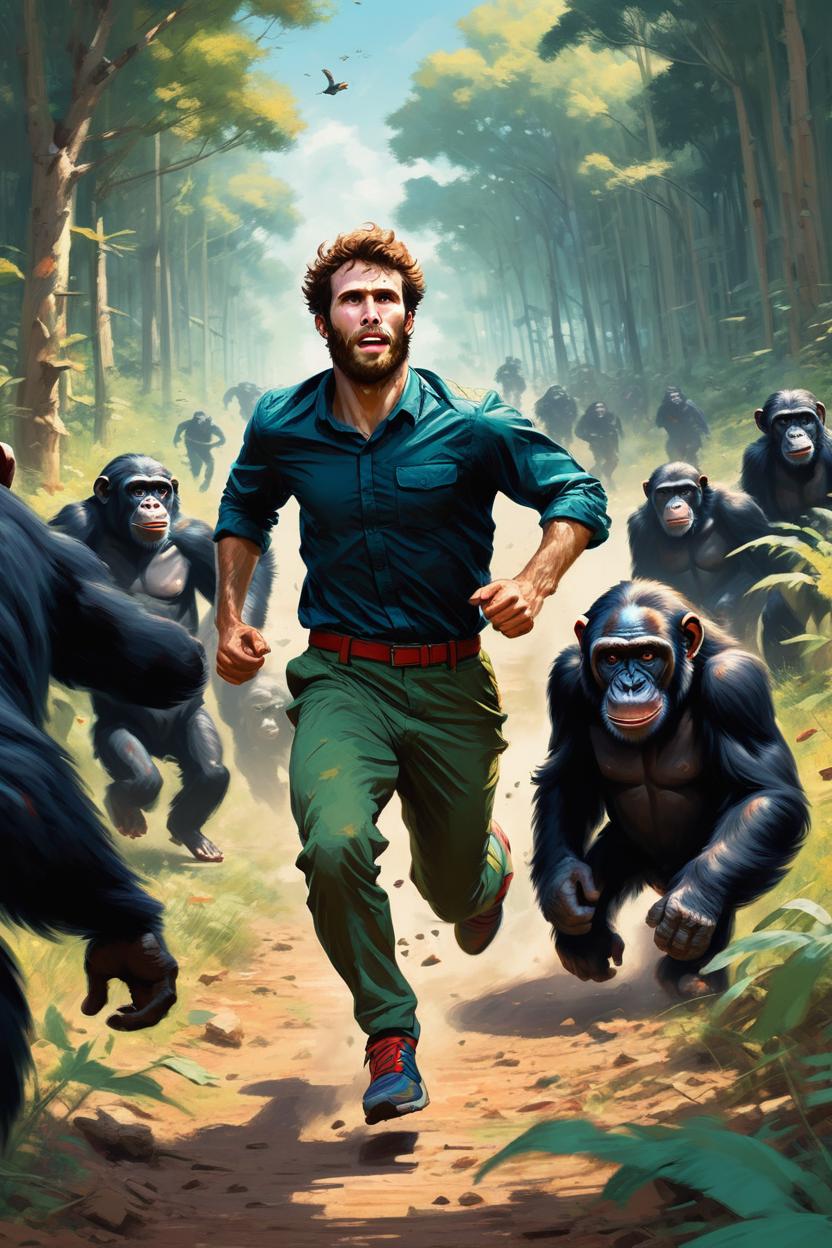 Artificial Intelligence (AI) generated image art, ..., running away from a chimpansee army, art by greg rutkowski, beautiful colors, masterpiece, award winning artwork