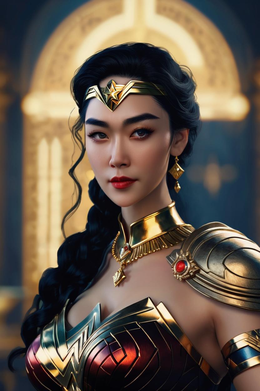 Artificial Intelligence (AI) generated image art, ..., as wonder woman, ((portrait)), elegant, photorealistic, highly detailed, artstation, smooth, gold ornaments, smooth lighting, sci-fi, art by Klimt