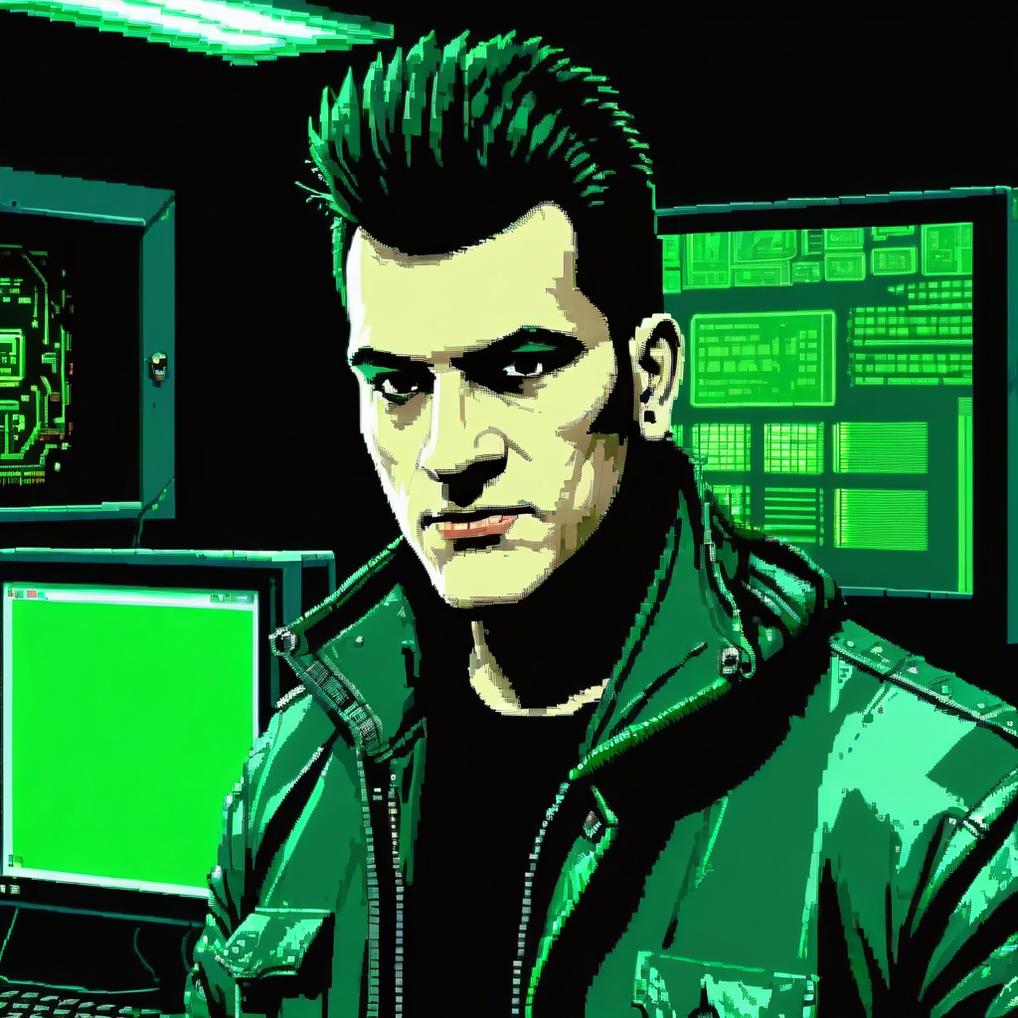 Artificial Intelligence (AI) generated image art, ..., (8 bit pixel art), hacker, in a green hightech computer room, old school tech, pixel art, digitally enhanced, retro video game pixel graphics, matrix, mr robot, cyberpunk 2077, blade runner