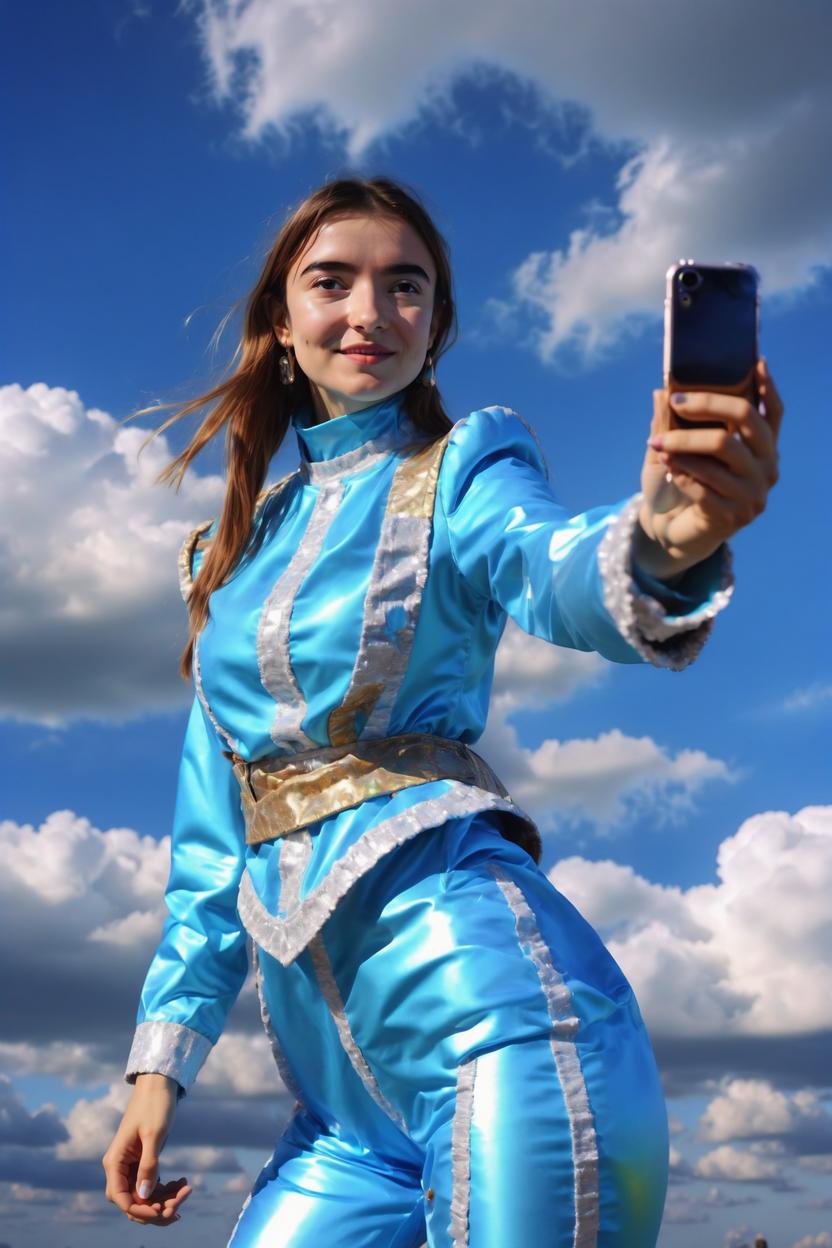 Artificial Intelligence (AI) generated image art, ... taking a selfie, wide angle, eclectic female model with glowbow sculptural costumes, 8k resolution, blue sky clouds