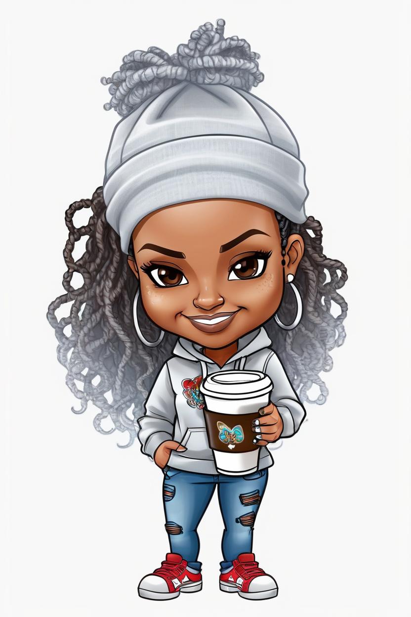 Artificial Intelligence (AI) generated image art, ..., Airbrushed Cartoon-style Chibi portrayal of an African American woman, standing and holding a reusable coffee cup, full-body, head to toe, 8x11 aspect ratio. She\'s dressed in fitted jeans and a cropped hoodie. Her hair is styled in butterfly locs. Bright white background. Drawn with Airbrush effects, intricate detailing, chibi proportions.