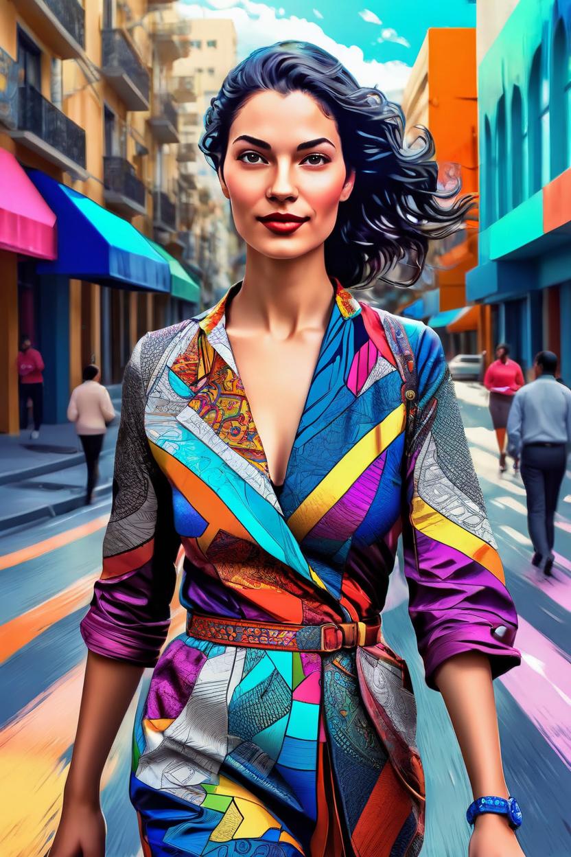 Artificial Intelligence (AI) generated image art, (...) portrait, editorial illustration beautiful woman walking in the street, modern art deco, colorful, christopher balaskas, victor ngai, rich grainy texture, detailed, dynamic composition, wide angle, moebius, matte print\\\\\\\\\\\\\\\\\\\\\\\\\\\\\\\"