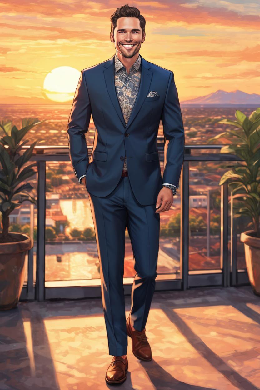 Artificial Intelligence (AI) generated image art, ..., FULL LENGTH, WEARING A stylish modern suit with open collar shirt, smile, highly detailed illustration, deep focus, intricate, elegant, highly detailed, SUNSET